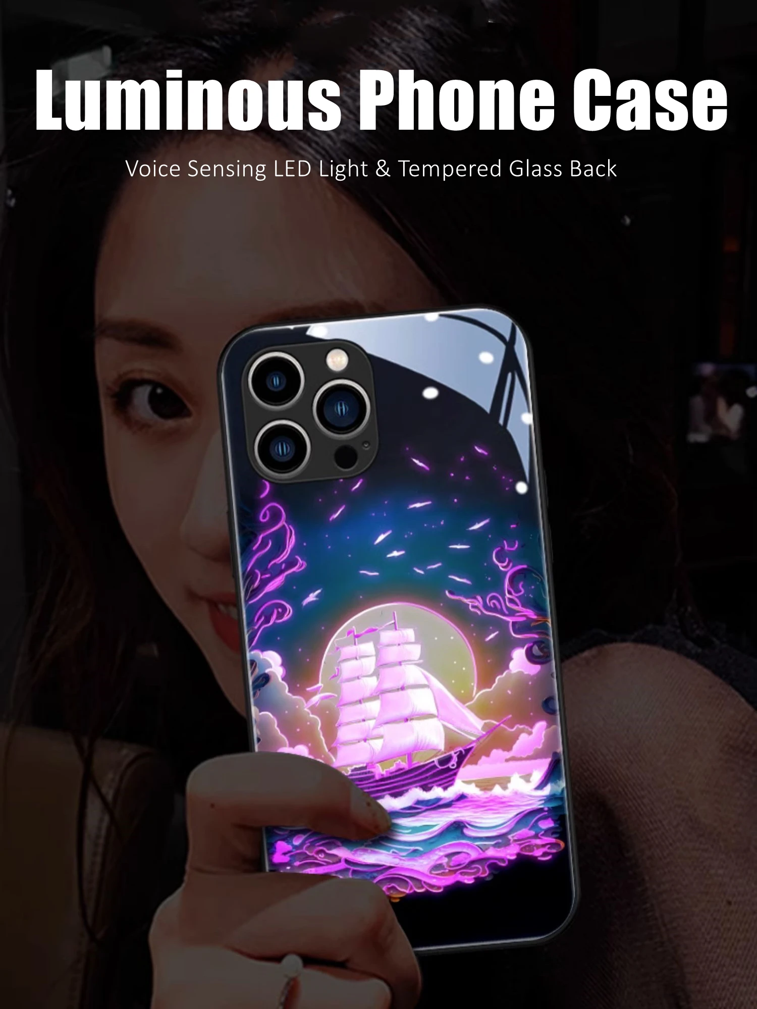 

Sailboat Colorful LED Light Glowing Luminous Tempered Glass Phone Case for Samsung S21 S22 S23 Note 10 20 A14 A54 A73 Plus Ultra