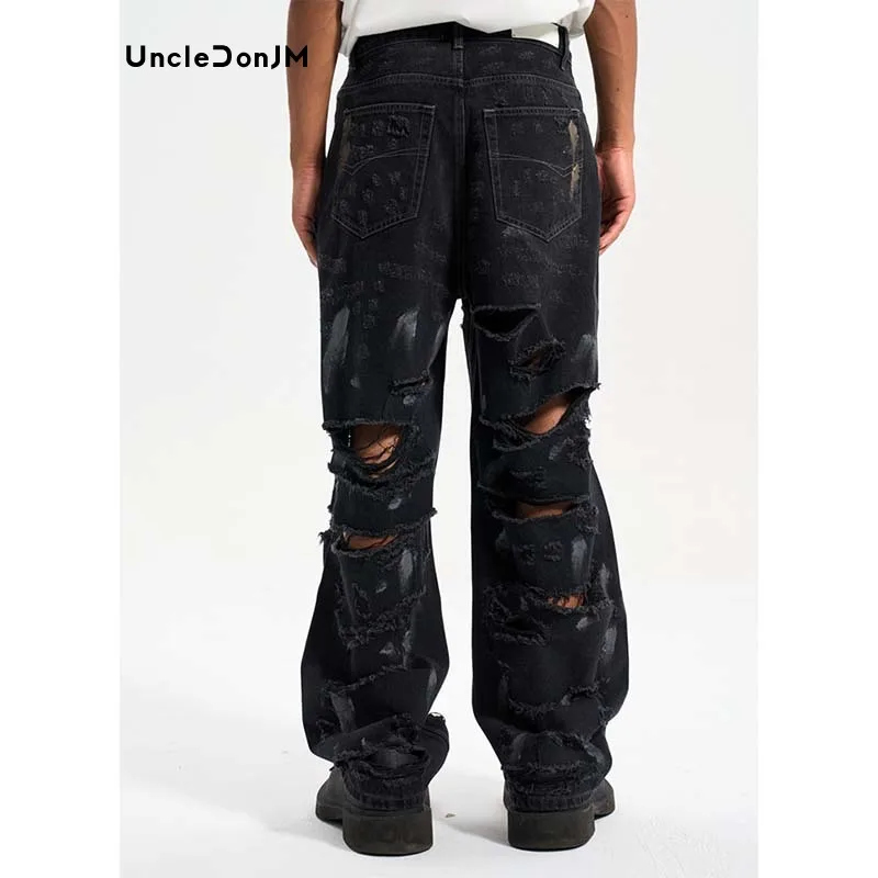 

UncleDonJM Distressed Baggy Jeans Hip Hop Ripped Jeans Hombre Hole Denim Y2k Jeans