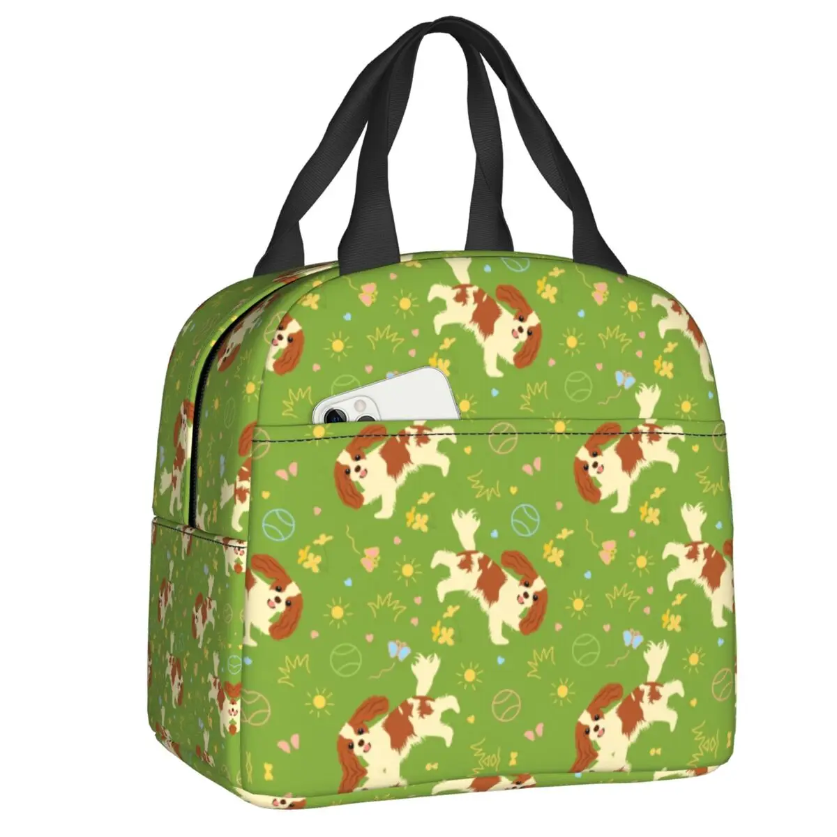 

Playing Cavalier King Charles Spaniel Insulated Lunch Bag for Work School Dog Waterproof Thermal Cooler Lunch Box Women Children