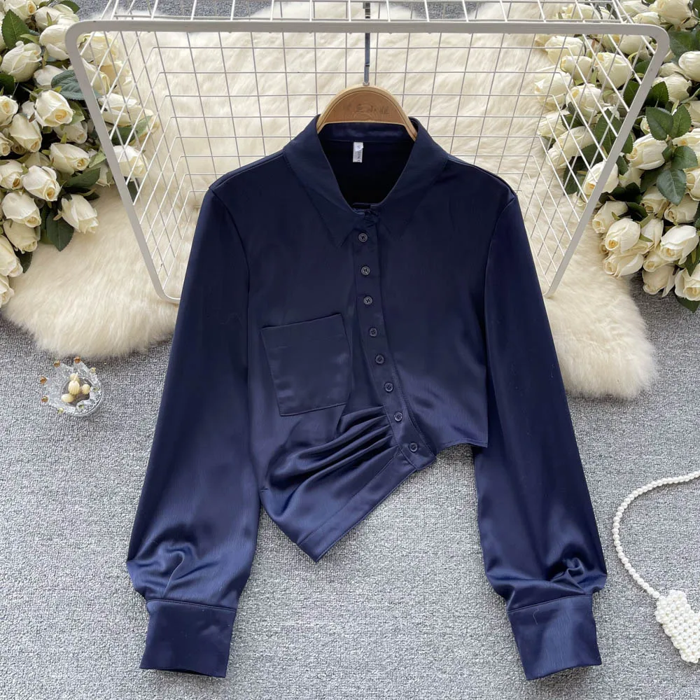 

Spring French New Design Sense Lapel Single-breasted Irregular Long-sleeved Short Paragraph High Waist Blouse