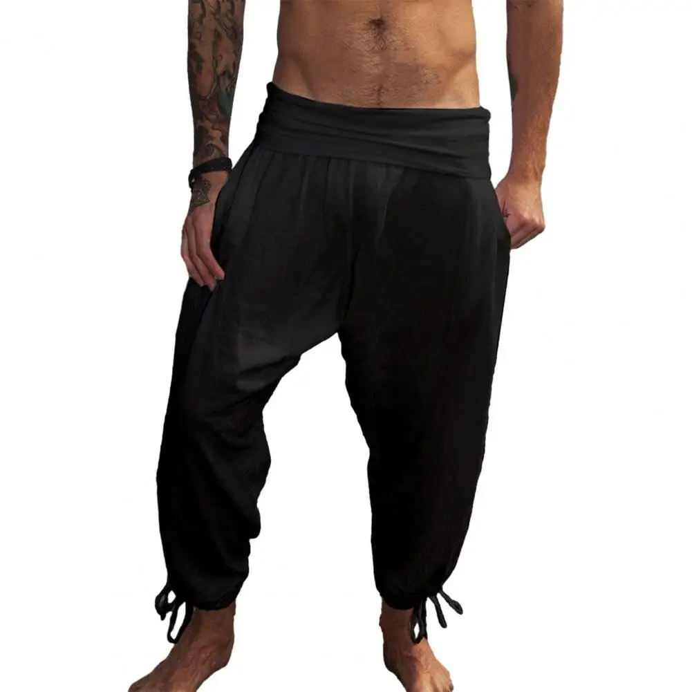 

Men Pants Vintage Solid Color Wide Waistband Ankle-banded Mid Waist Deep Crotch Casual Beach Long Trousers Men Clothing 2023