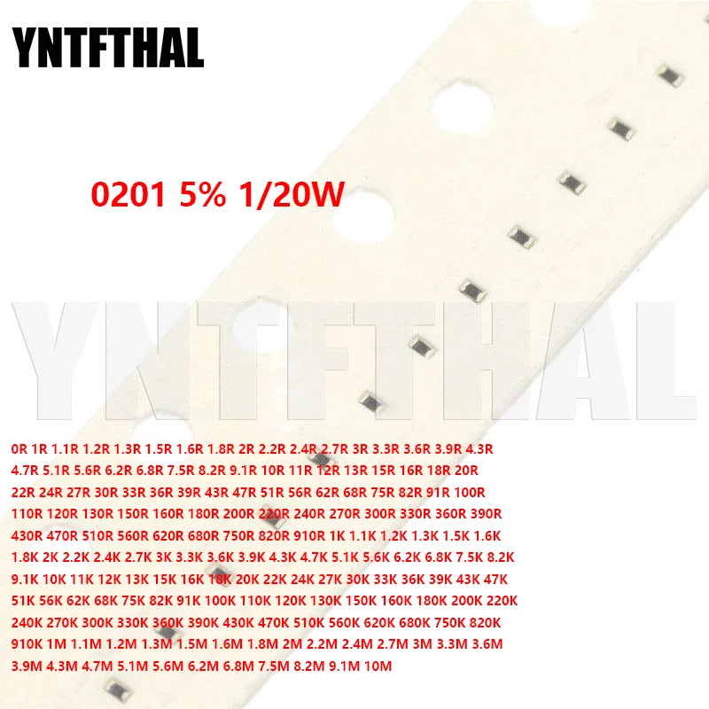 

1000pcs 0201 SMD Resistor 1% 1/20W 0R-10M 0R 1R 1.1R 1.2R 1.3R 1.5R 1.6R 1.8R 2R 2.2R 2.4R 2.7R 3R 3.3R 3.6R 3.9R 4.3R 4.7R 5.1R