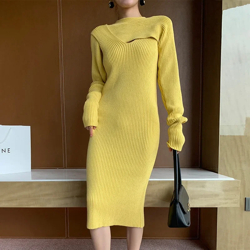 Элегантное вязаное платье новинка сезона осень-зима 2024 модное с вырезами