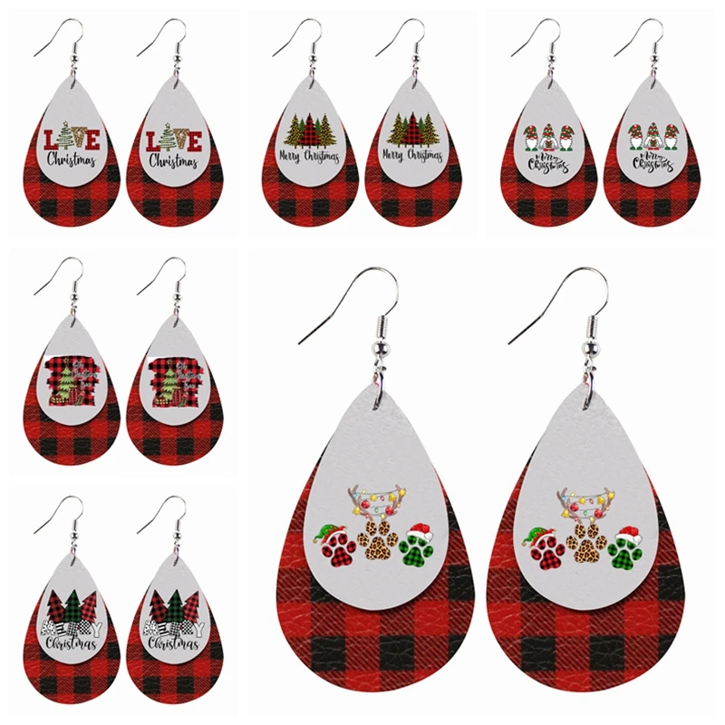 

Merry Christmas Earrings GnomesTheme Truck Earring With Buffalo Plaid Two Layers Faux Leather Teardrop Earrings