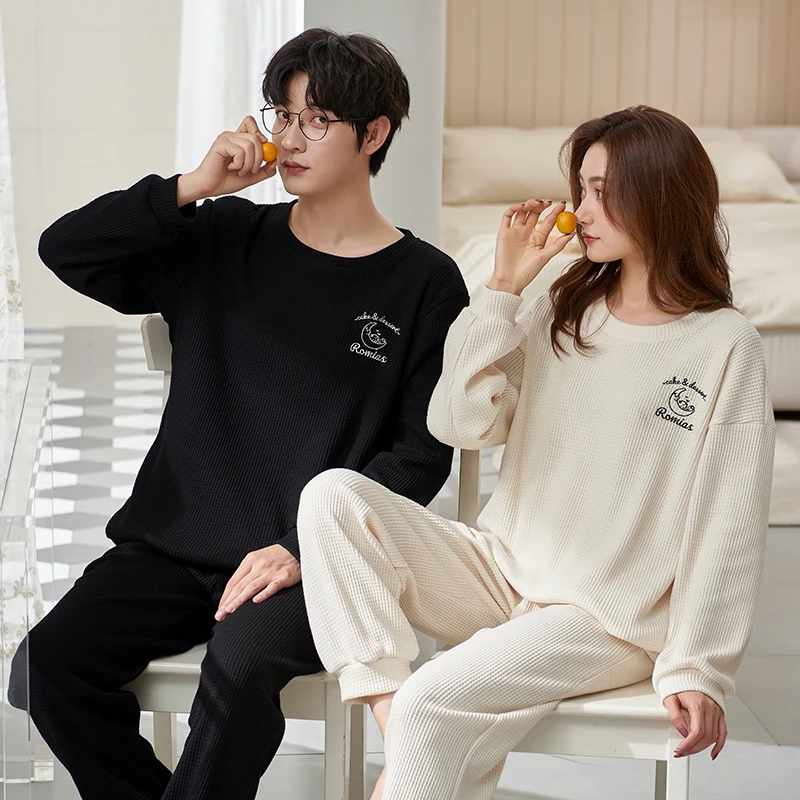 CAIYIER Simple And Comfortable Couple Pajamas Set Sweet Men & Women Cotton Nightwear Suit Autumn Winter Leisure Loves Sleepwear