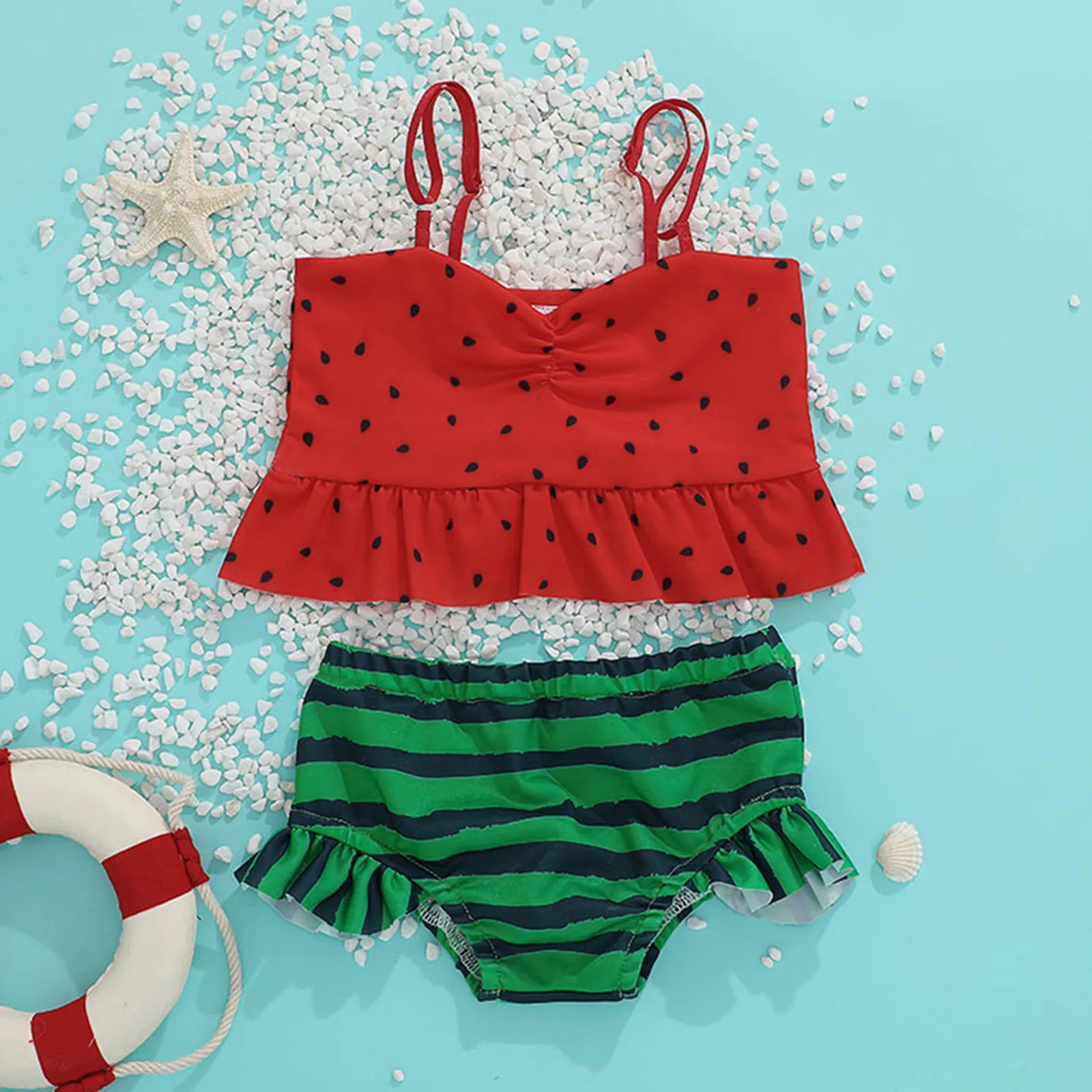 

2023 Summer Baby Girls Beach Wear 2 Pcs Tops+shorts Ruffles Cute Watermelon Printed Swimwear Swimsuit Bikini Outfits 6M-4Y