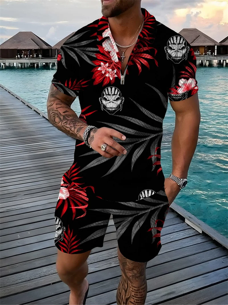Men's Tracksuit 2 Piece Set Hawaiian Style Print 3D Polo Shirt T Shirt and Shorts Casual Man Clothing Zip-Up Polo Shirt