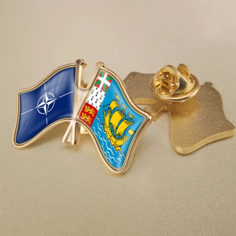 

North Atlantic Treaty Organization NATO and St Pierre and Miquelon Crossed Double Friendship Flags Lapel Pins Brooch Badges