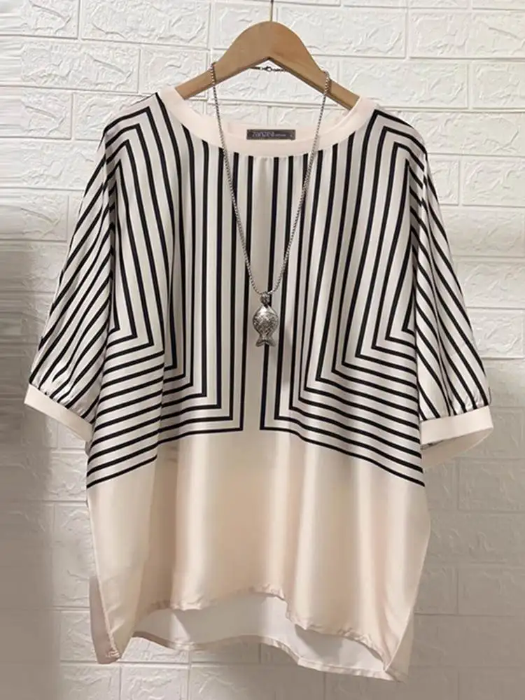 Блузка ZANZEA женская с коротким рукавом праздничная принтом в полоску топ круглым