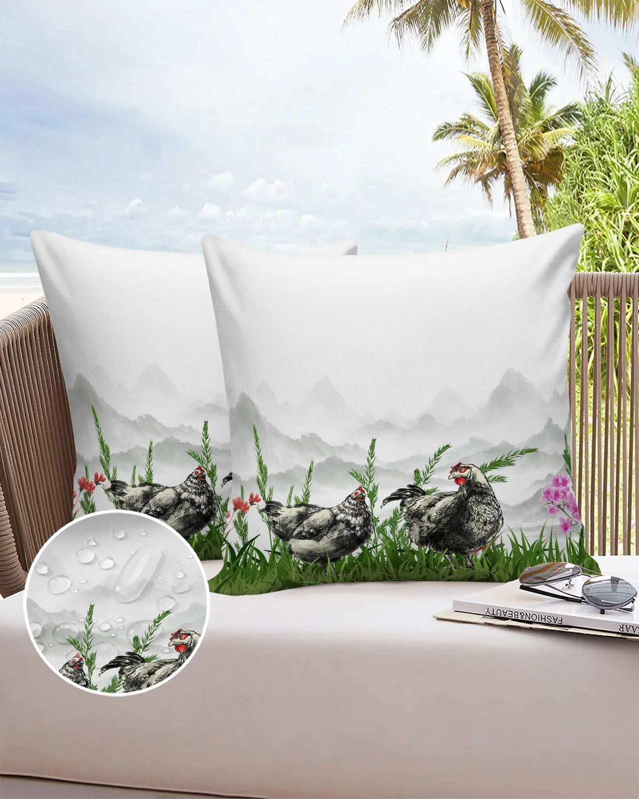 

2/4PCS Outdoor Garden Chair Waterproof Cushion Cover Chicken Plant Ink Painting Home Decor 40/45/50/60/66cm Pillow Case