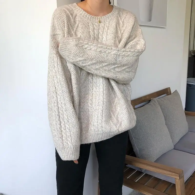 

Deeptown Autumn Oversized Beige Sweater Women Korean Fashion Winter Warm Basic Casual Pullover Aesthetic Vintage Knit Jumper