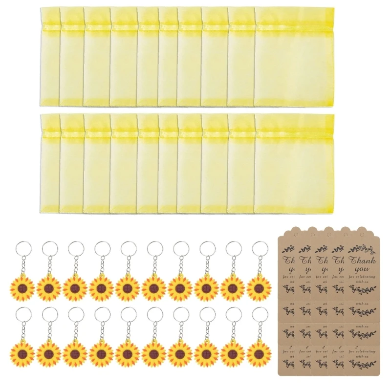 

20 Sets Keychains Organza Bags Thank You Kraft Tags Sunflower Party Favor Gift