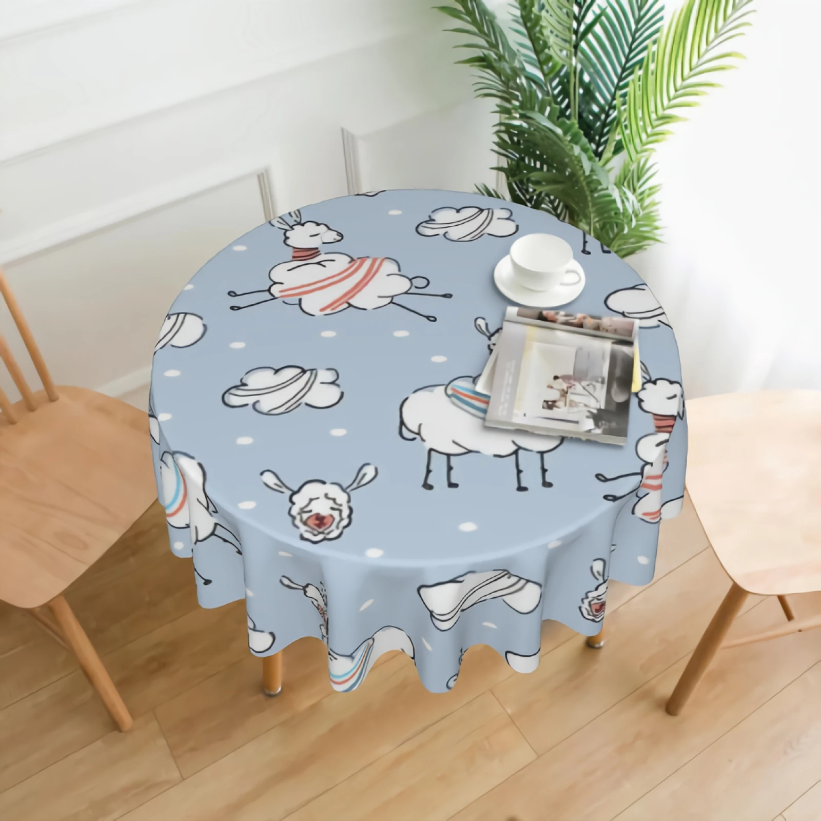 

Cute Alpaca Sheep Pattern Tablecloth Washable White Llama And Cloud Round Tablecloths Circular Table Cover Cloths for Holiday