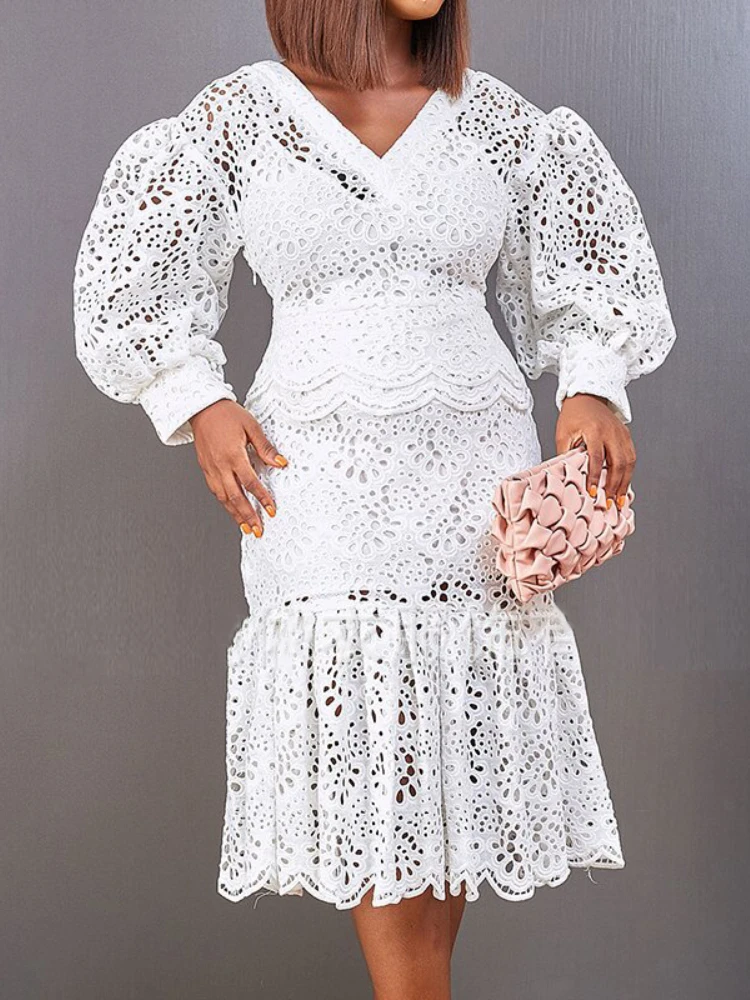 

2022 Women Hollow Out Dress Retro Vintage Puff Sleeve Ruffle White Dress See Through Fashion Elegant Ladies Fall Party Wedding