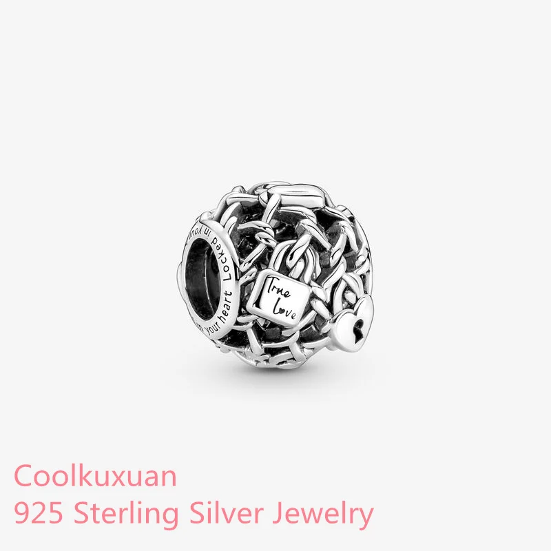 

2022 Valentine's Day 925 Sterling Silver Openwork Chain Link Padlock Charm beads Fits Original Pandora bracelets Jewelry Making