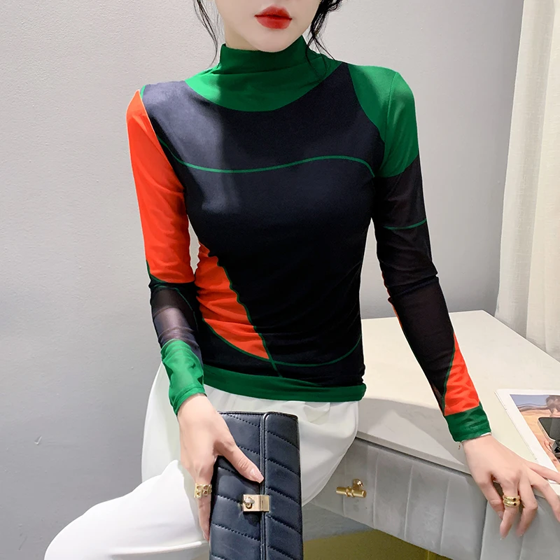 S-4XL женские осенне-зимние сетчатые футболки с высоким воротником и длинными