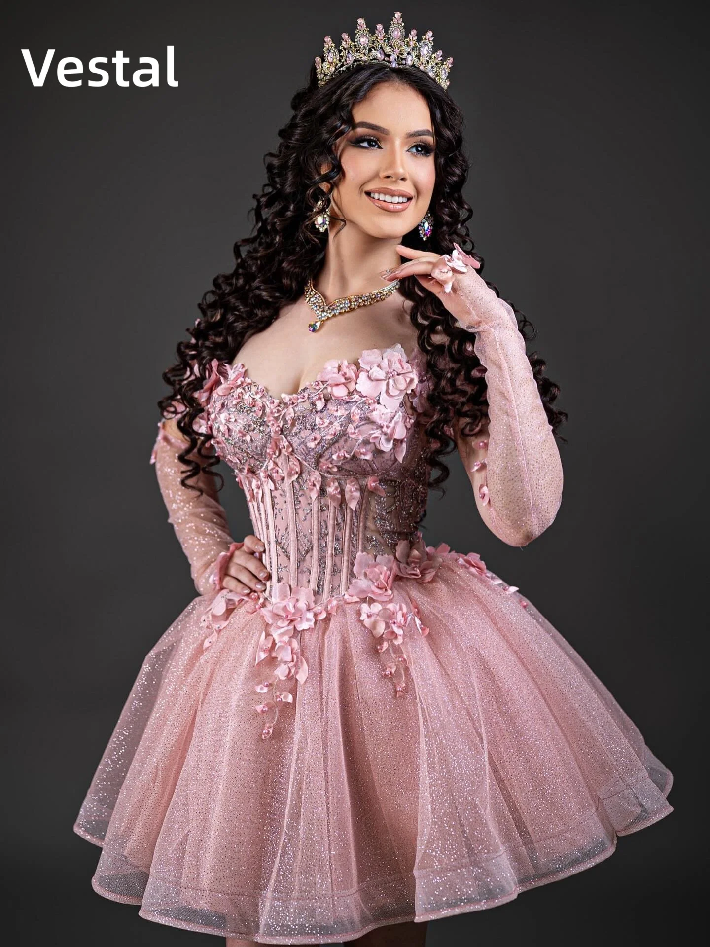 Фото Розовое платье принцессы для Quinceanera с 3D цветочным декором, бальное платье для выпускного вечера, нарядное платье на 16-летие с длинными рукавами, на заказ №2