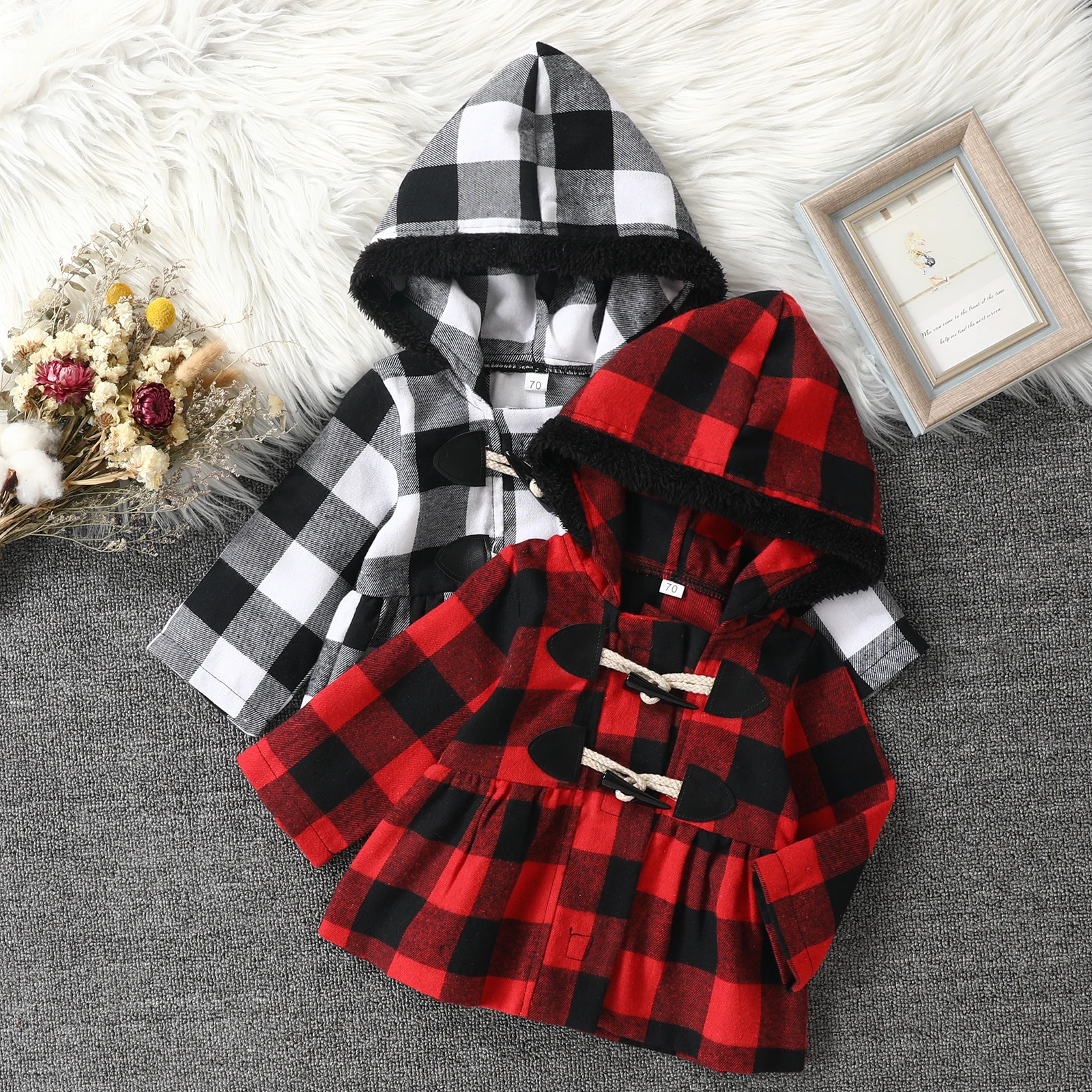 

TR New Autumn Kids Toddler Girls Hooded Coat Plaid Print Long Sleeves Button Winter A-Line Jacket Fall Clothes