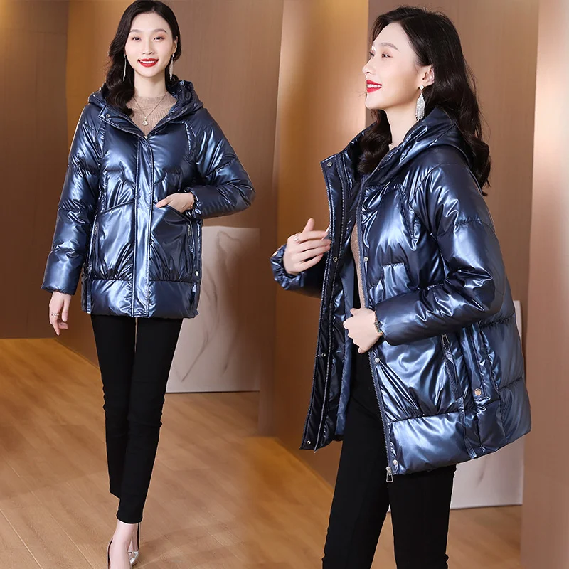 Cotton padded clothes for women in 2022 winter, new Korean cotton padded clothes, medium long, bright, loose, hooded, thickened