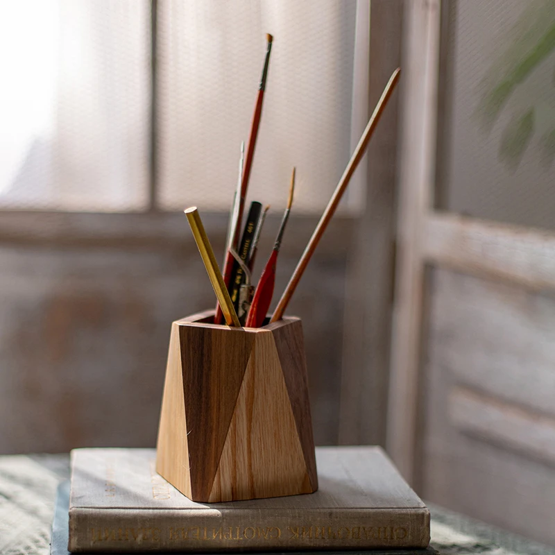 

Solid wood pen holder multifunctional office supplies desktop storage box wooden retro pen barrel desktop decoration