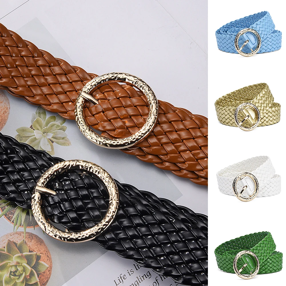 

Round Gold Buckle Woven Knitted Waist Belt Patent Leather Braided Belt Solid Color DIY Causal No Holes Decorative Waistbands