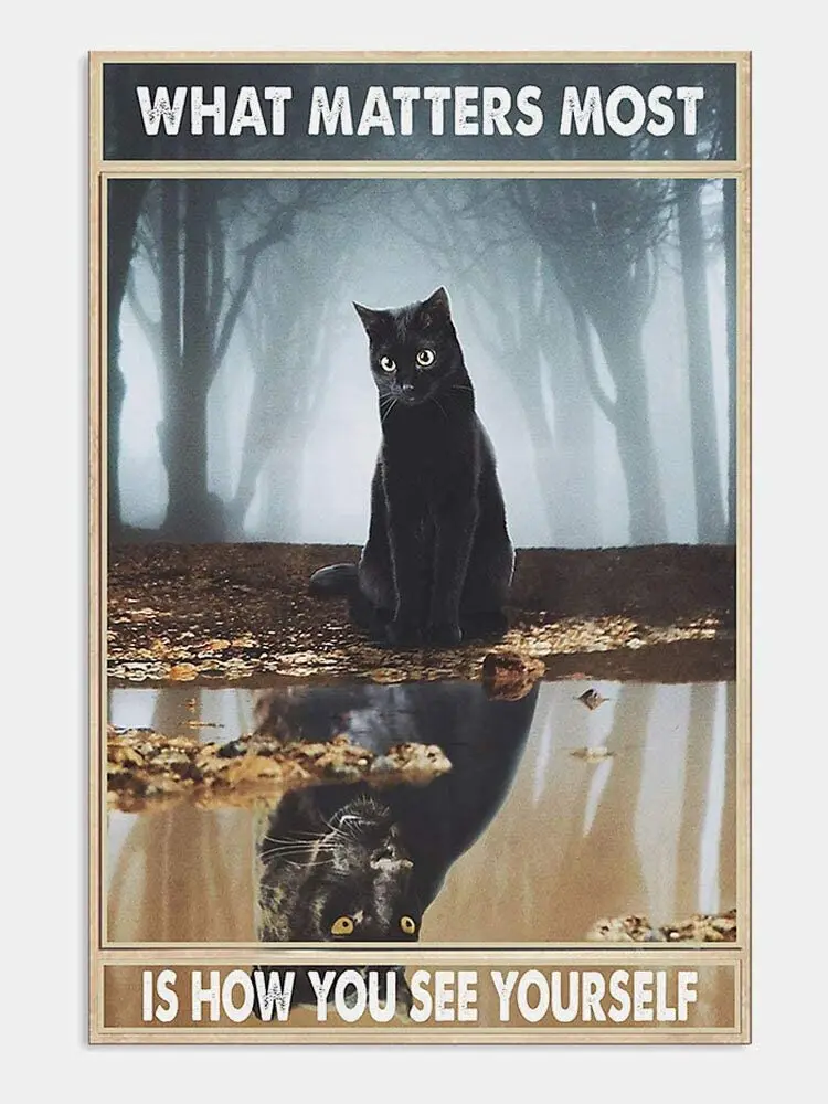 

Самое главное, как вы видите себя, Черный кот, ретро металлический жестяной знак, винтажный знак для дома, кофе, Настенный декор 8x12 дюймов