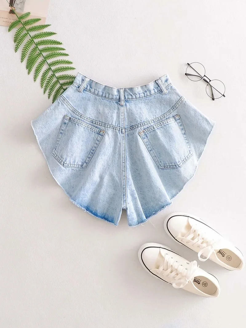 2021 Summer Casual Blue Denim Shorts Skirts High Waist Ruffle Hem All-Match Loose Ruched Shorts Female New Fashion Clothing Tide