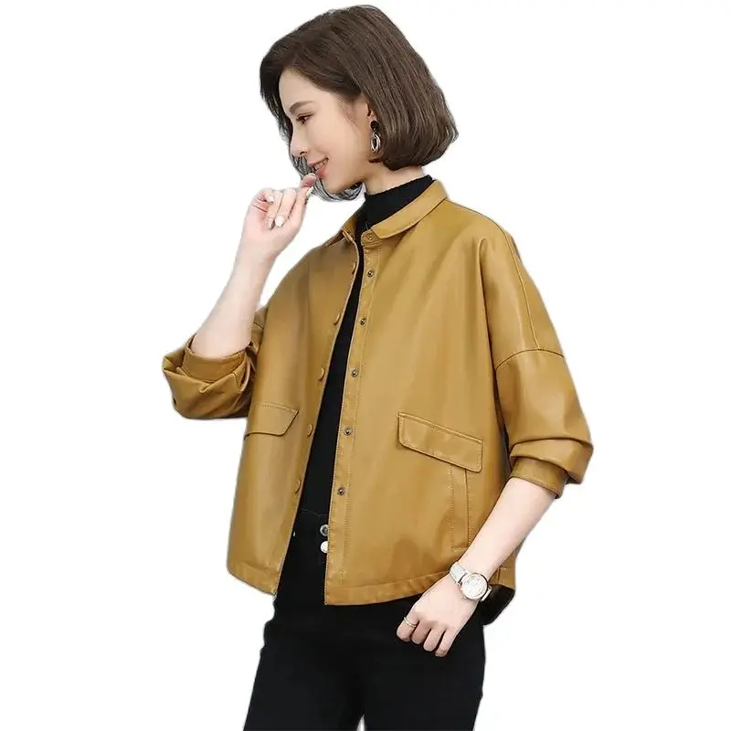 

Not Cracked Leather Jacket Female 2022 Spring Autumn New Fashion Design PU Leather Motorcycle Outerwear Women's Coat Tops 4XL