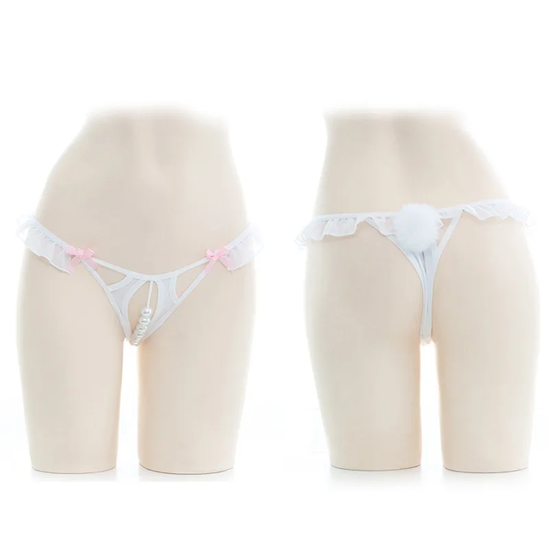 

Sexy Underwear Cute Rabbit Tail Sexy Lace Panties Women Transparent Underwear G-string Thong Sexy Lingerie Pearl Panties