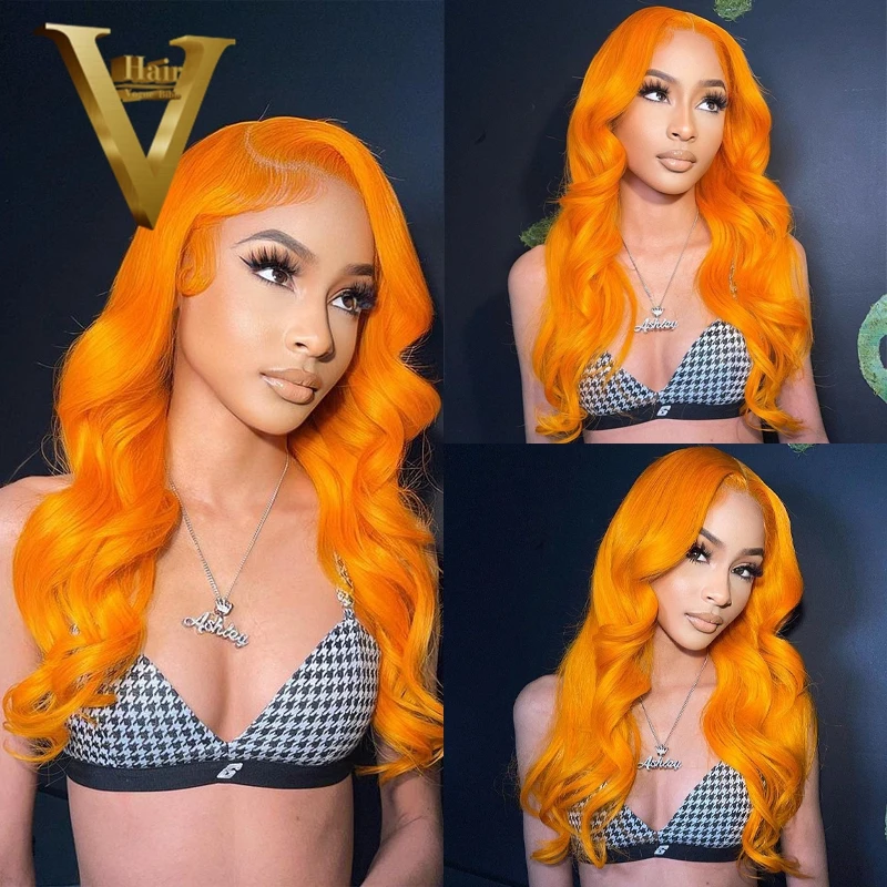 

Светильник-оранжевый волнистый парик на сетке спереди 13X4, парики на сетке спереди из человеческих волос для женщин, парик на прозрачной сет...