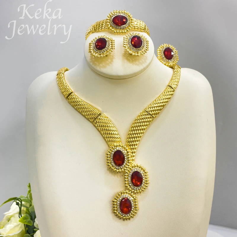 

Luxury Women Jewelry Set 18K Gold Plated Chain Red Zircon African Necklace and Bangle Sets Fashion Wedding Party Accessories