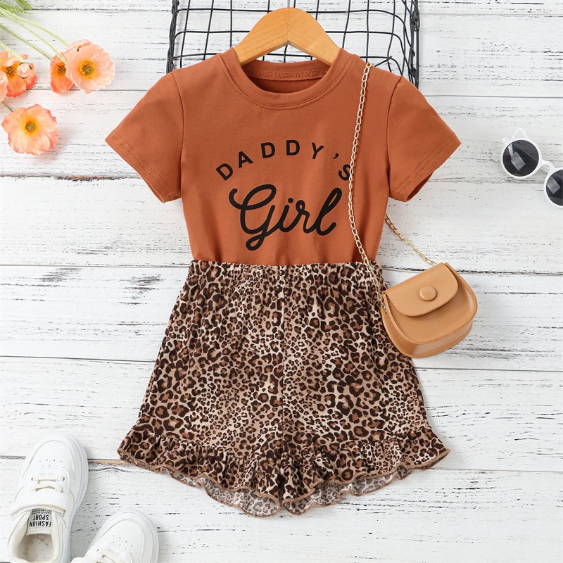 

1-6Y Summer Fashion Kids Girls 2pcs Clothes Sets Letter Short Sleeve T Shirts+Leopard Printed Shorts
