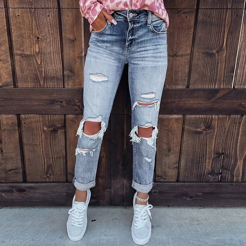 2021 Fashion Ripped Boyfriend Mid Waist Skinny Classic Jeans Women's Vintage Plus Size Distressed Stretch Denim Pants Streetwear