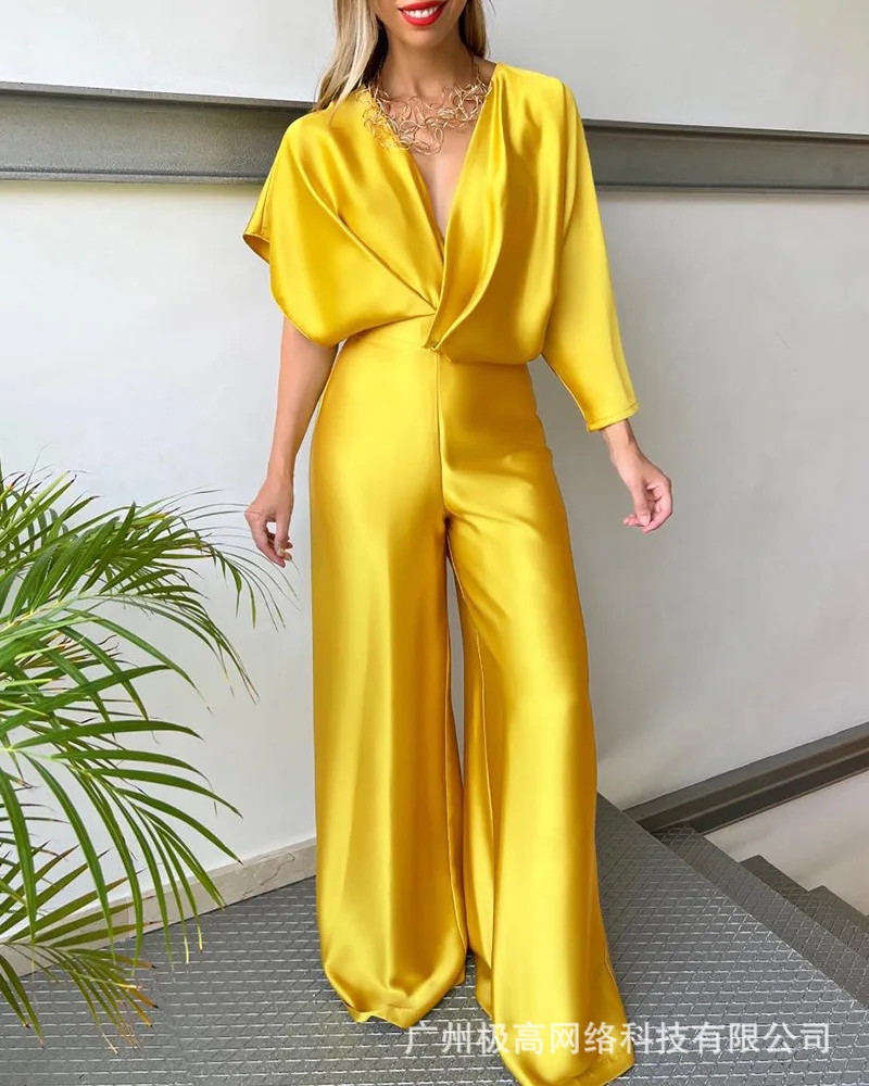 2023 Spring and Summer New Women's Elegant Jumpsuit, Yellow Satin Asymmetric Bat Sleeve Waist-skimming Jumpsuit for Women