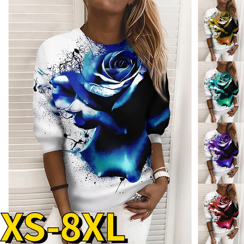 2022 New Autumn Winter Women Elegant Pullover Flower Printing T-shirt Loose Size Tops Fashion Round Collar Casual Long Sleeve