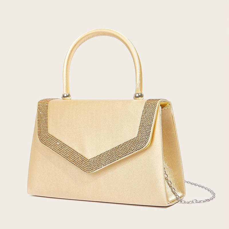 

Elegant Solid Golden Banquet Bag For Female Luxury Diamond Edge Evening Bags New Shiny Rhinestone Decor Party Phone Bags XA605H