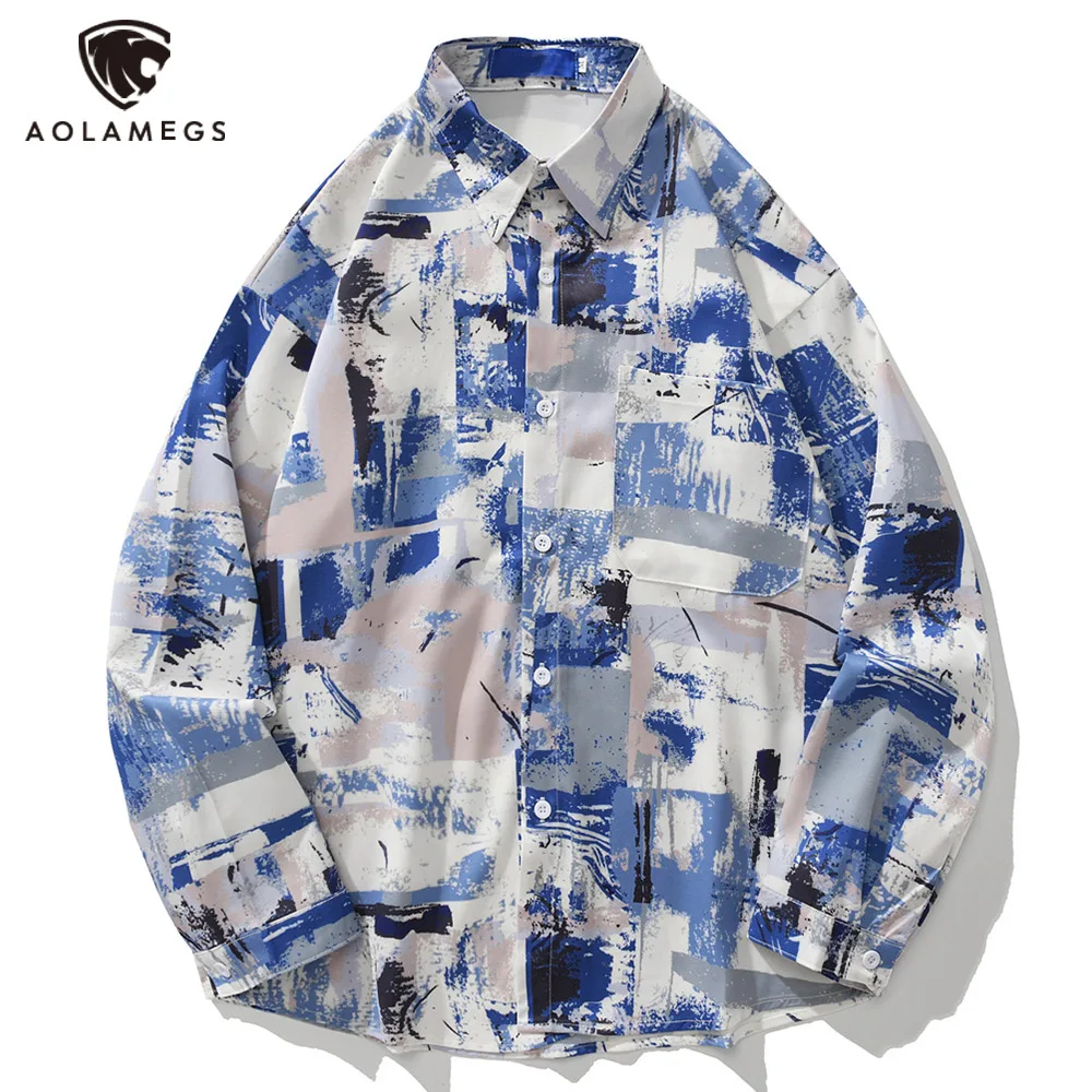 

Aolamegs Men's Baggy Shirts Abstract Graffiti Print Hip Hop Long Sleeve Tops Summer Fashion High Street Couple Casual Streetwear