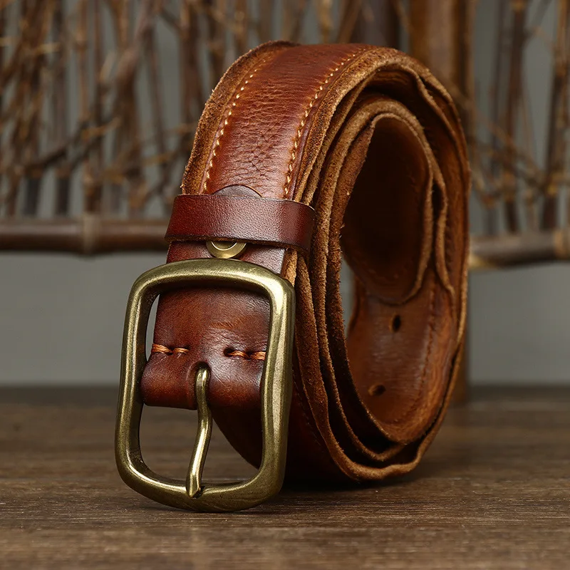 3.3cm Genuine Leather Belt Men Luxury Strap Male Belt New Fashion Pure Cowhide Copper Buckle Wild Classic Retro High Quality