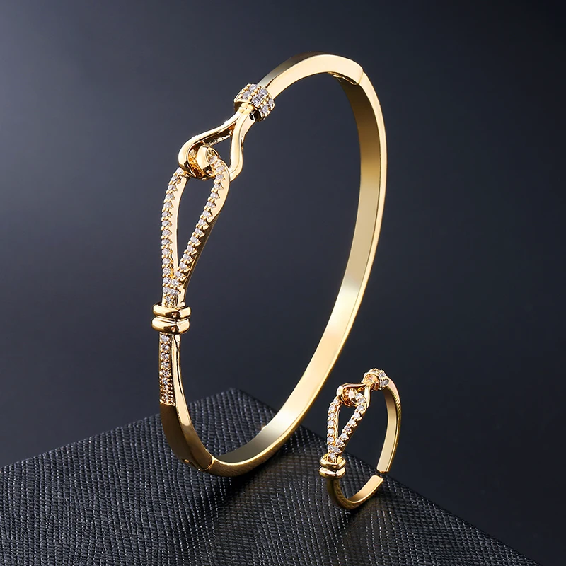 

RAKOL Fashion High Quality AAA Cubic Zirconia Golden Cord Buckle Rings Bracelet Adjustable Open Cuff Bangle Women's Jewelry Sets