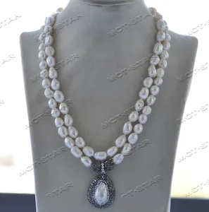 MCT·STAR  Z12298 2row 20" 30mm White Baroque Pearl Necklace Cz Pearl Pendant