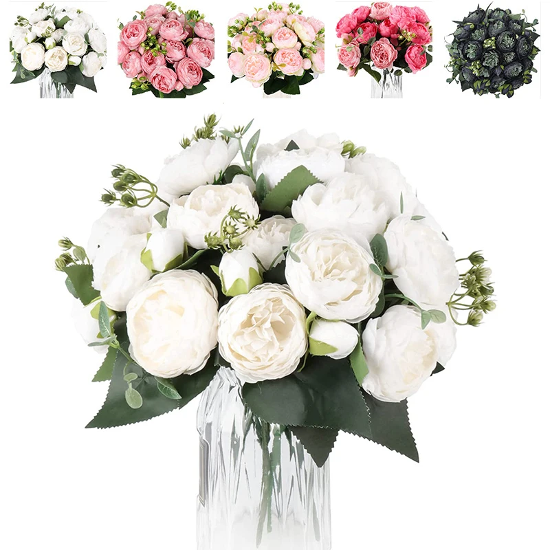 Home Decor Artificial Flowers Rose Bouquet 5 Big Head and 4 Bud Cheap Fake Flowers for Home Wedding Decoration Indoor Vases