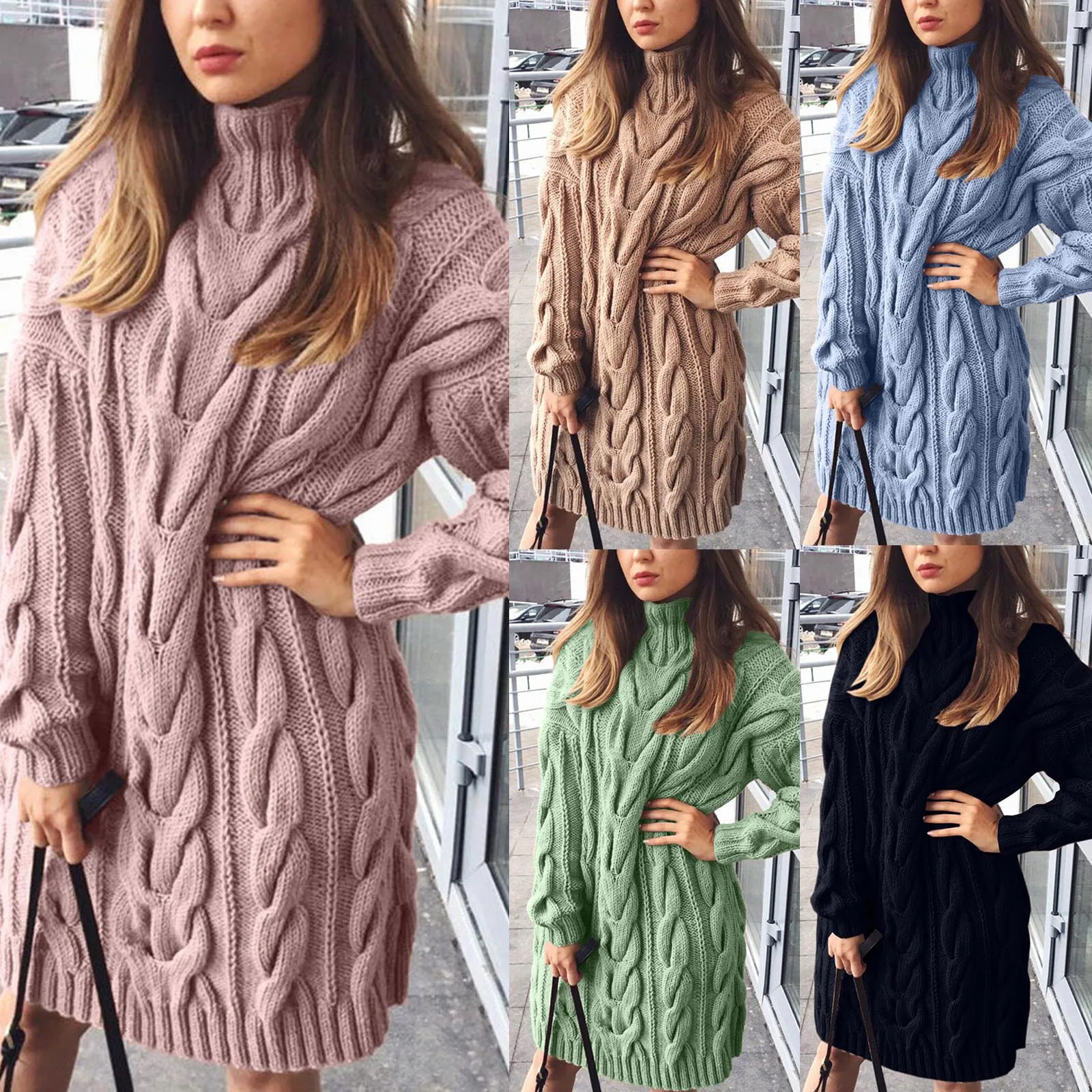 

Turtleneck Long Sleeve Sweater Dress Women Autumn Winter Loose Tunic Knitted Casual Solid Dresses Thicken Keep Warm Pullover New