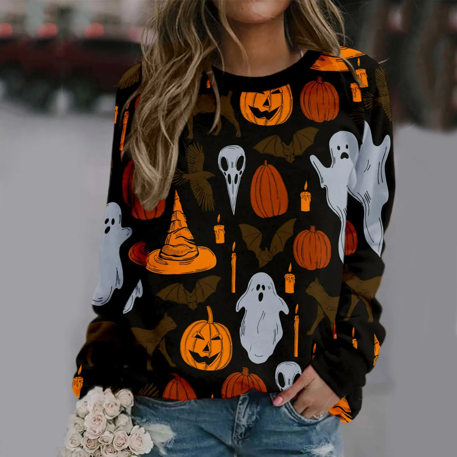 

Women Sweater Zipper Pockets Sleeve Pullover Retro Sweatshirt Long Top Women's Tunic Loose Halloween Ladies Tunics Long Sleeve