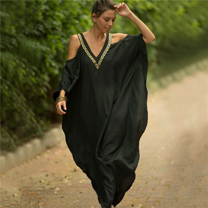 

Elegant Black Kaftan Beach Tunic Beach Cover Up Saida De Praia Swimsuit Women Bikini Cover Up Pareo Sarong Black Robe Beachwear