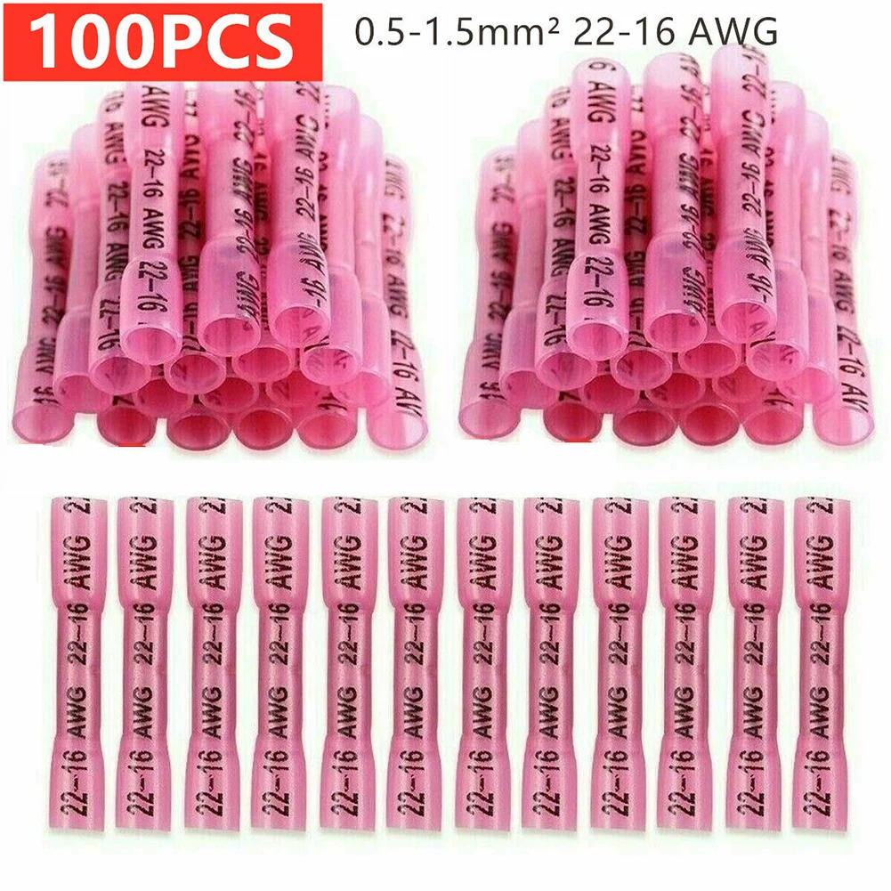 

100PCS 22-16 AWG Electrical Heat Shrink Butt Crimp Terminals Red Waterproof Fully Insulated Seal Wire Connectors Assortment