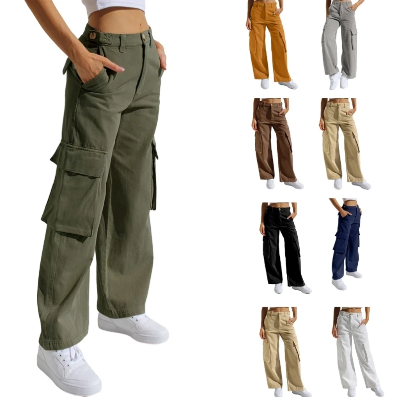 F42F Straight Leg Baggy Pants for Women Multi-pocket Casual Pants Loose-Fit Trousers