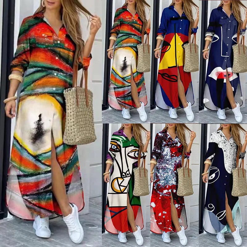 

Женское длинное платье-рубашка с разноцветным принтом