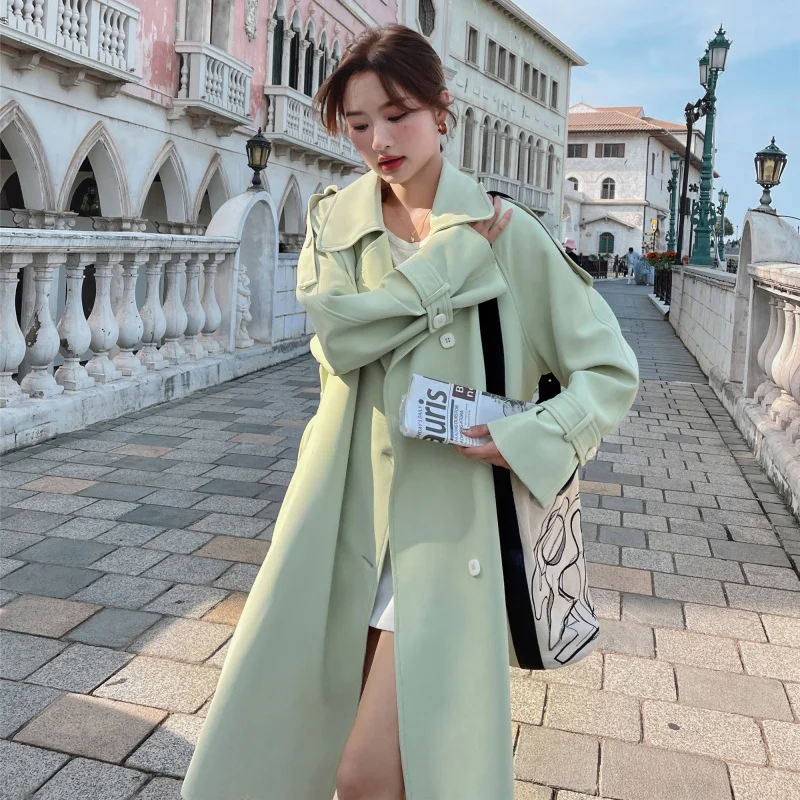 

Spring Autumn 2023 New Trench Coat For Women's Double-Breasted Jacket Fashion Fried Street Green Long Windbreaker Outwear Female