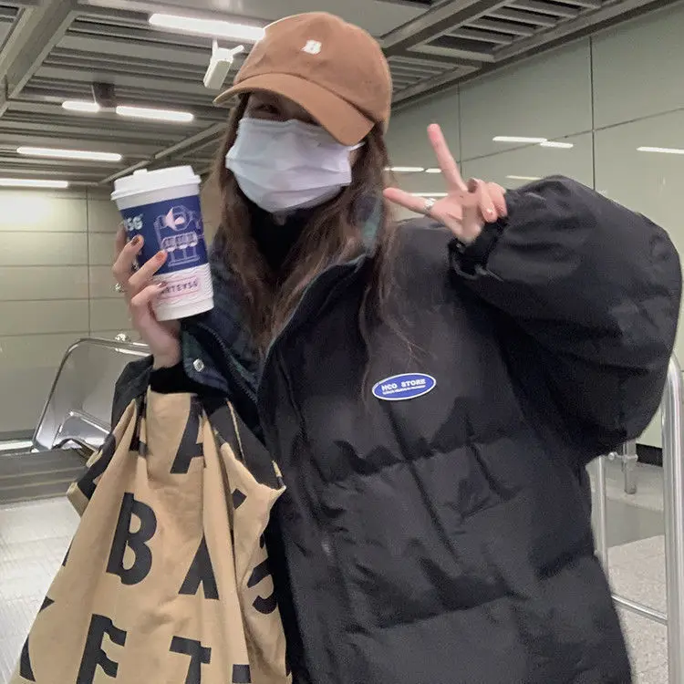 Stitching Plaid Stand Collar Cotton Jacket Female Winter Korean System Oversize Bread Clothes Thickened Cotton Jacket Tide