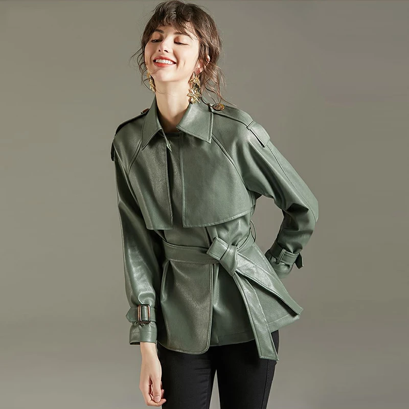 Aoottii 2022 Spring Autumn Women Lapel Faux Leather Jacket with Belt Green Pu Coat Simplicity Loose Jackets Office Lady Outwear